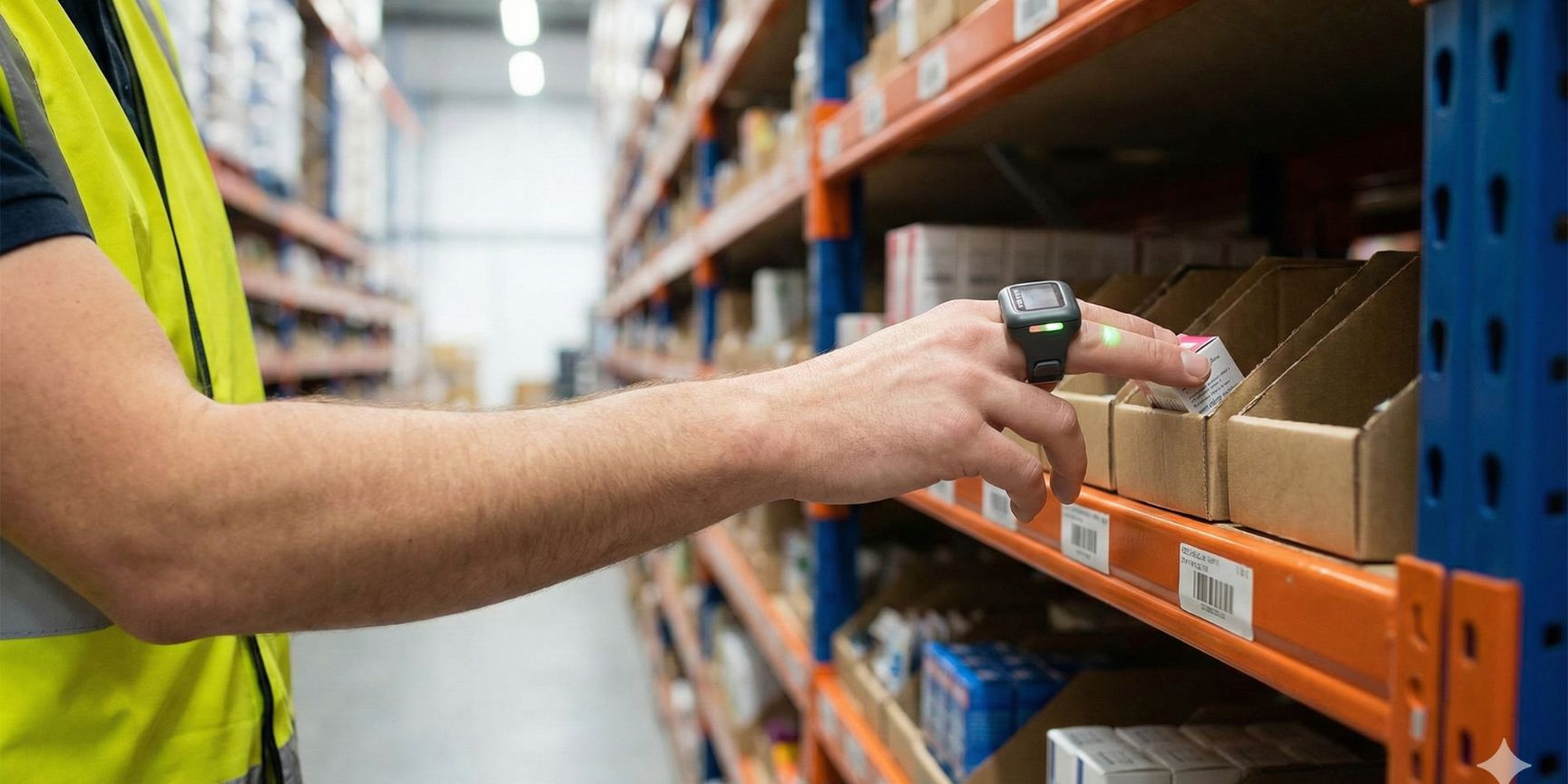 A warehouse worker uses a rugged handheld barcode scanner (MDA device) to scan a barcode on a cardboard box that is placed on a pallet in a high-bay warehouse. The red laser beam is directed at the label